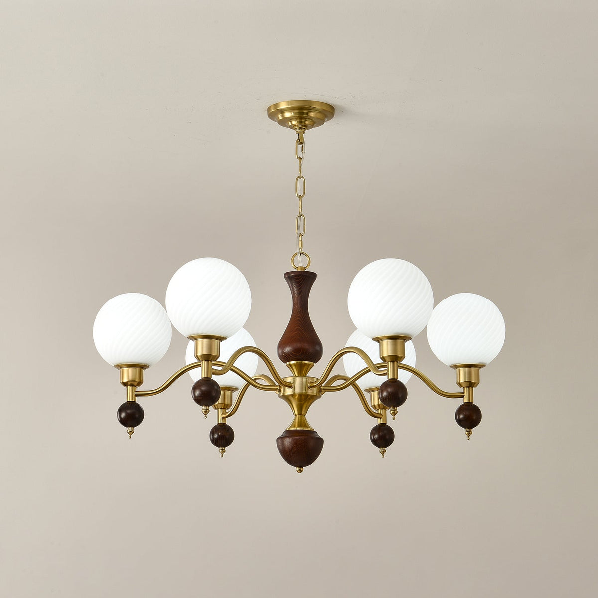Globe Orb Walnut Wood Chandelier with Gold Accents
