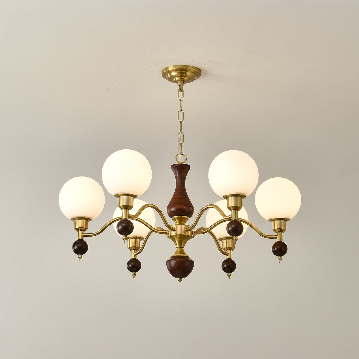Globe Orb Walnut Wood Chandelier with Gold Accents
