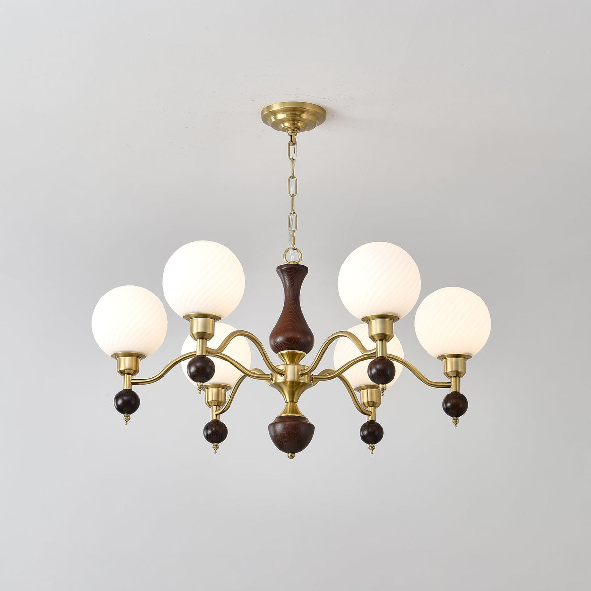 Globe Orb Walnut Wood Chandelier with Gold Accents