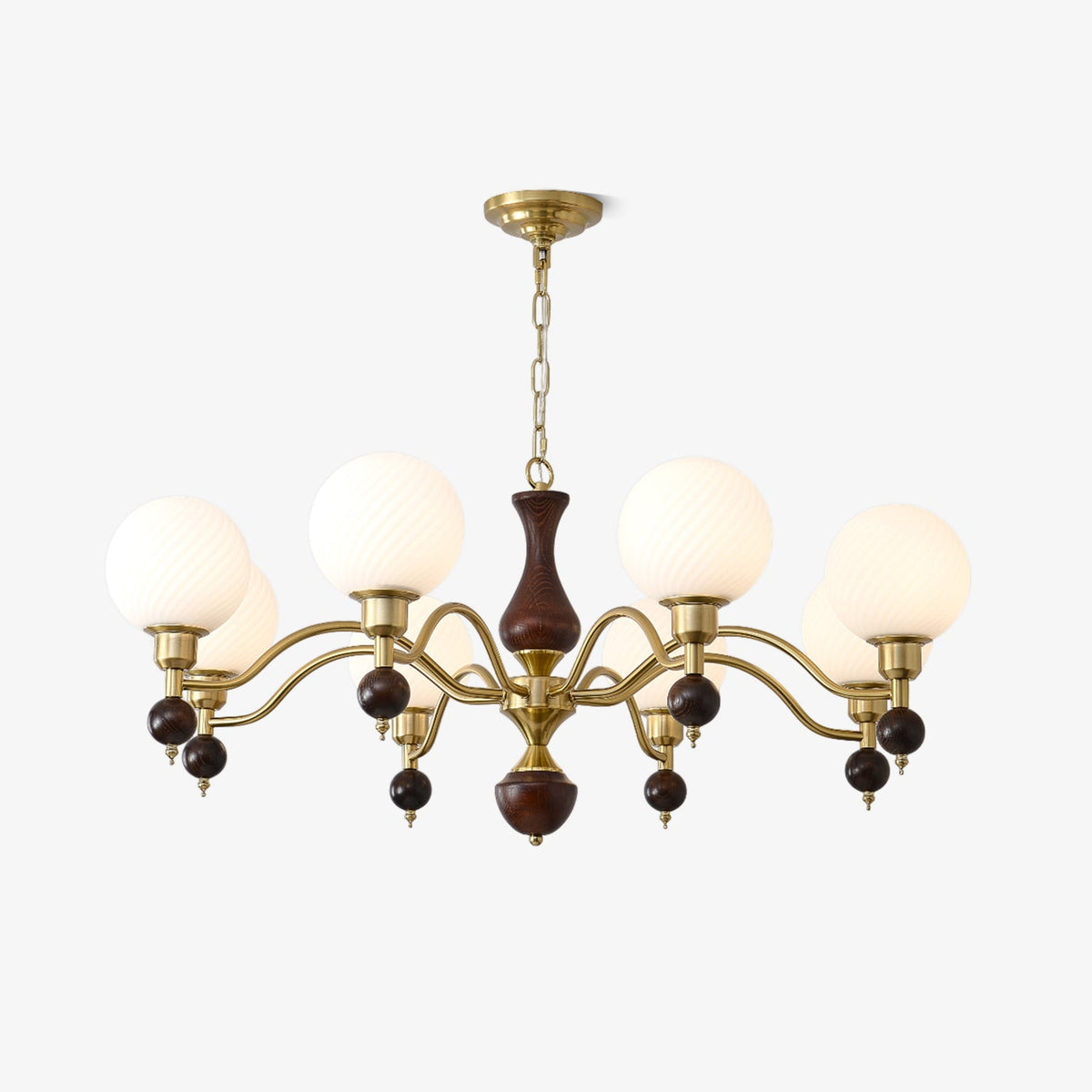 Globe Orb Walnut Wood Chandelier with Gold Accents