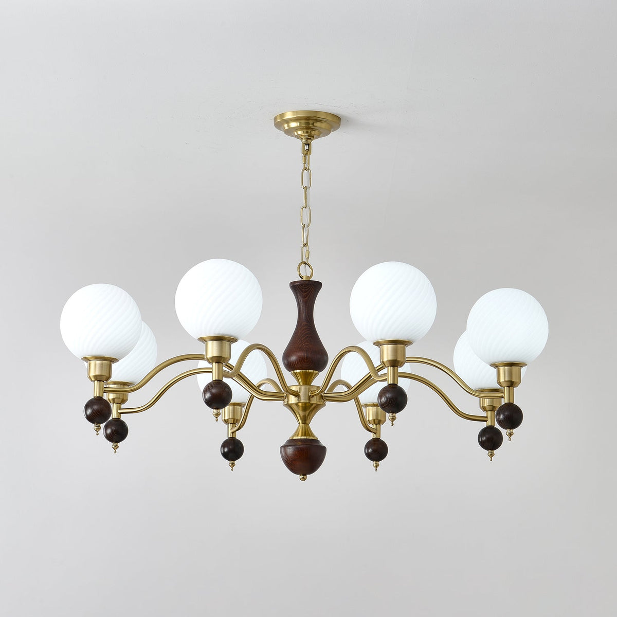 Globe Orb Walnut Wood Chandelier with Gold Accents