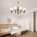 Globe Orb Walnut Wood Chandelier with Gold Accents