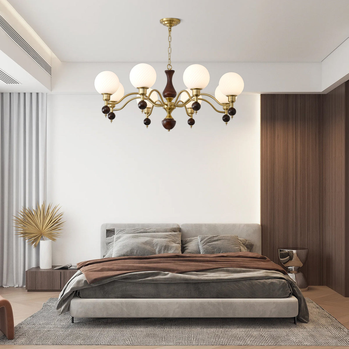 Globe Orb Walnut Wood Chandelier with Gold Accents