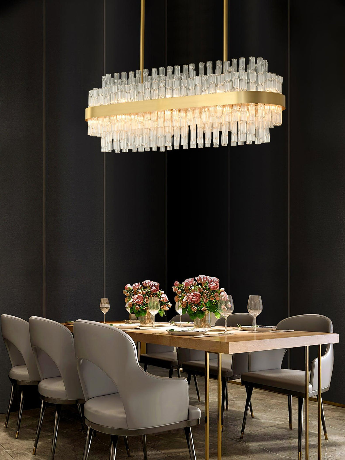 Modern Gold Glass Rod Chandelier for Dining Room and Living Room