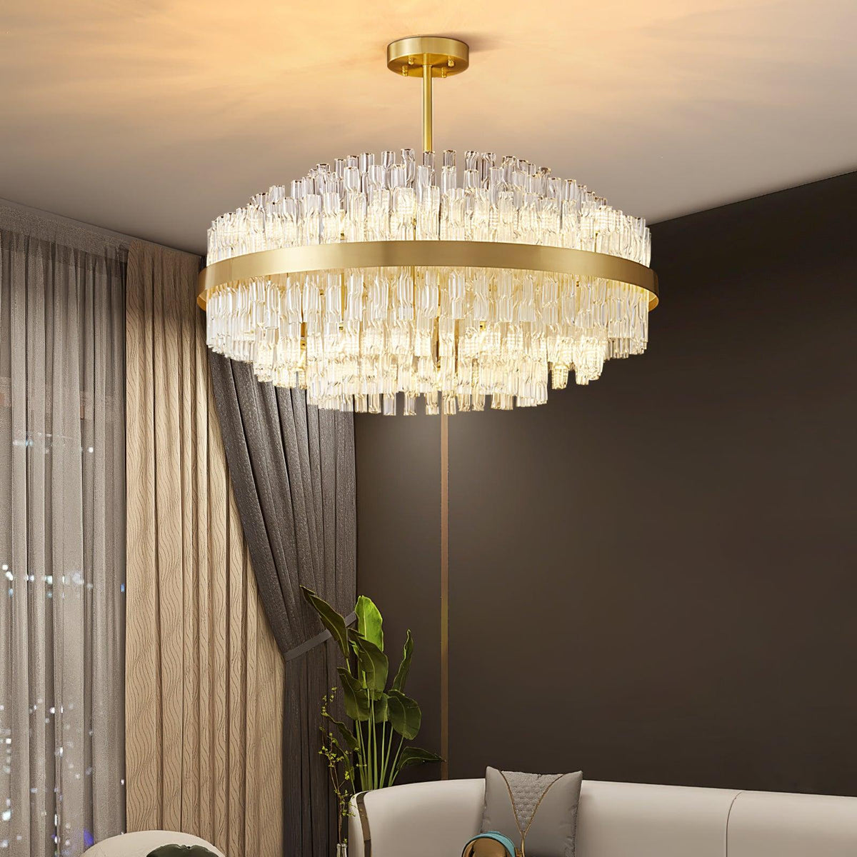 Modern Gold Glass Rod Chandelier for Dining Room and Living Room