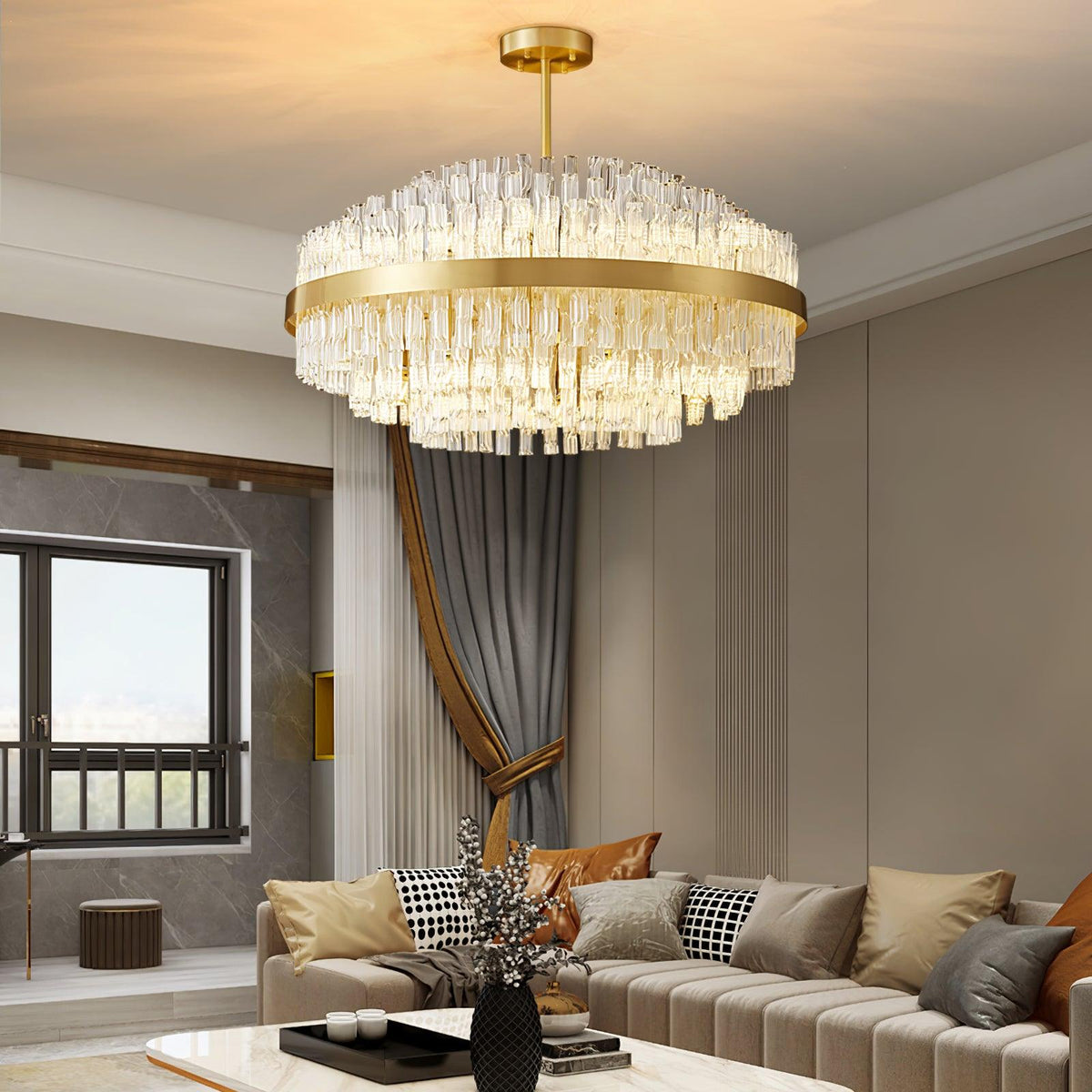 Modern Gold Glass Rod Chandelier for Dining Room and Living Room