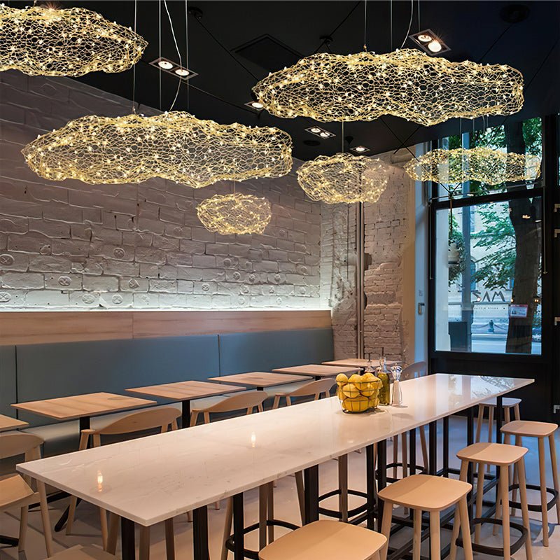 Golden Cloud Weave Pendant Light – Artisan Metal LED Hanging Lamp for Modern Interiors