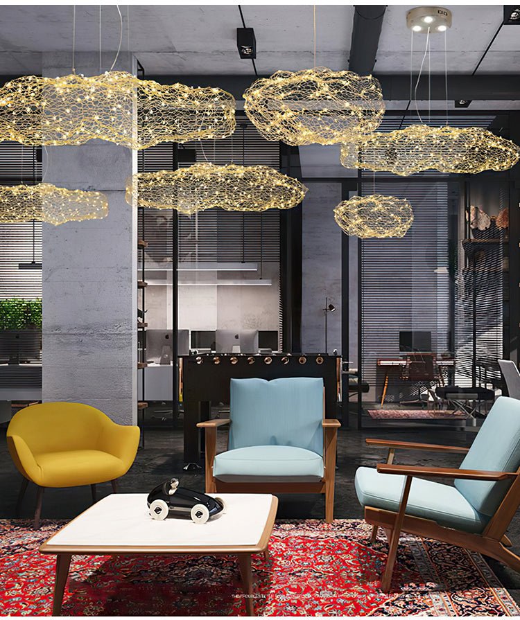 Golden Cloud Weave Pendant Light – Artisan Metal LED Hanging Lamp for Modern Interiors