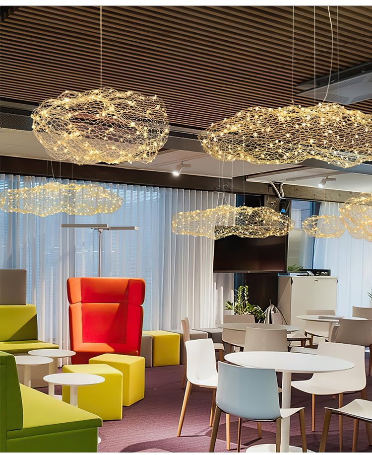 Golden Cloud Weave Pendant Light – Artisan Metal LED Hanging Lamp for Modern Interiors