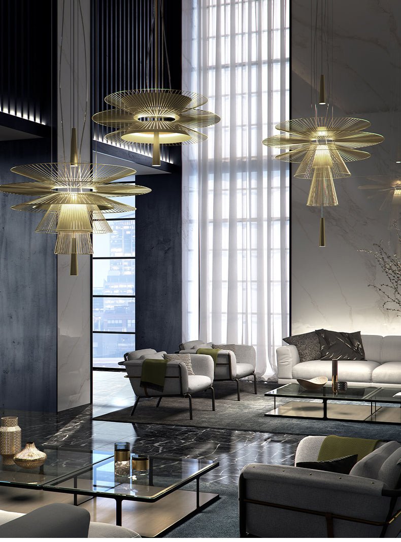 Golden Radiance Chandelier – Modern Layered Metal Pendant for Dining Room and Living Space