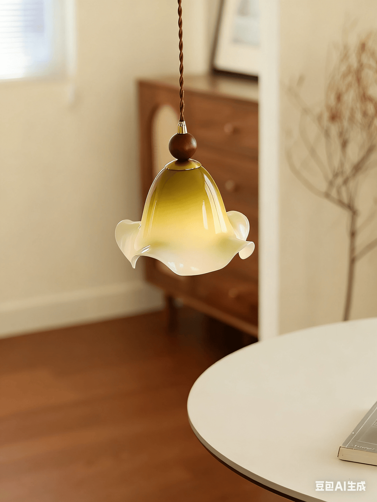 Gradient Petal Pendant Light – Art Glass & Walnut Wood Hanging Lamp for Dining, Living, Bedroom