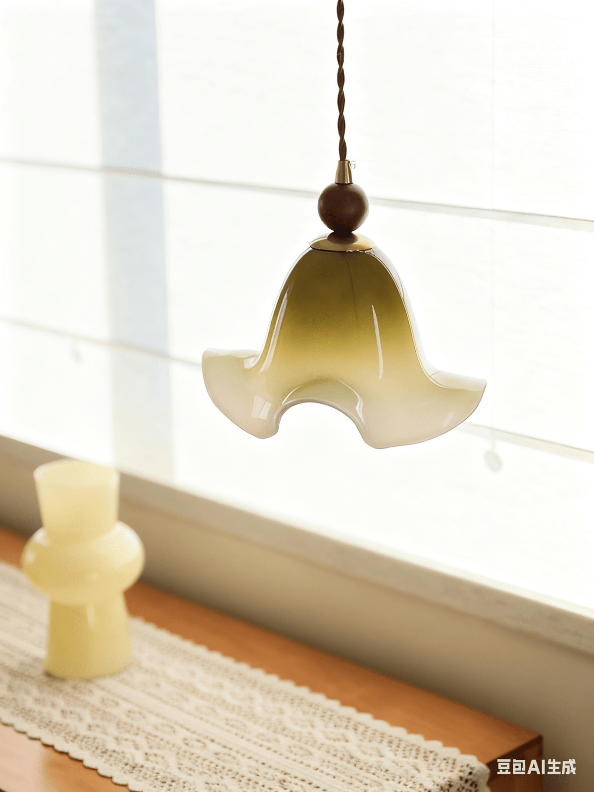 Gradient Petal Pendant Light – Art Glass & Walnut Wood Hanging Lamp for Dining, Living, Bedroom