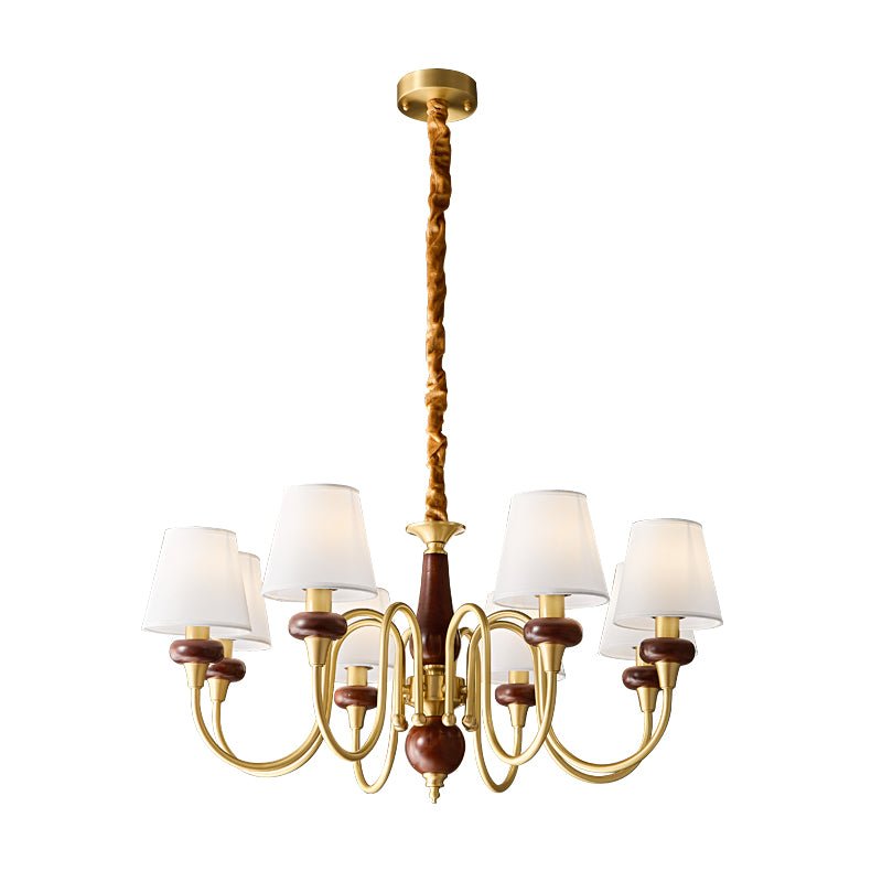 Grandiose Wood & Brass Chandelier with Fabric Shades for Dining Room and Foyer