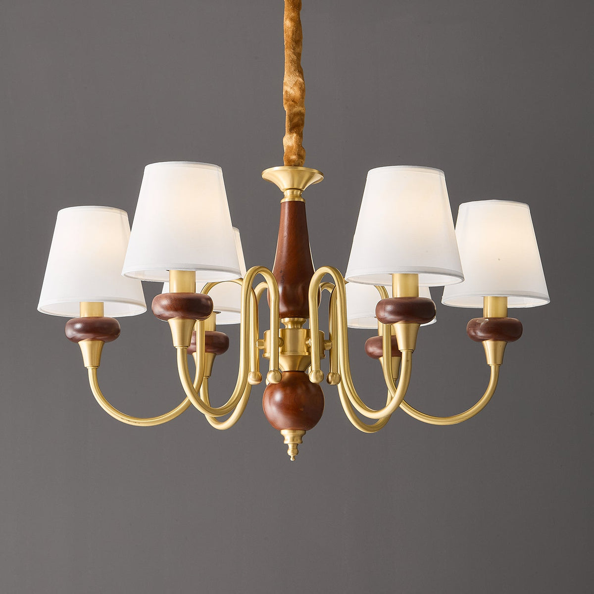 Grandiose Wood & Brass Chandelier with Fabric Shades for Dining Room and Foyer