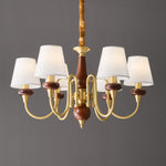 Grandiose Wood & Brass Chandelier with Fabric Shades for Dining Room and Foyer