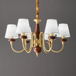 Grandiose Wood & Brass Chandelier with Fabric Shades for Dining Room and Foyer