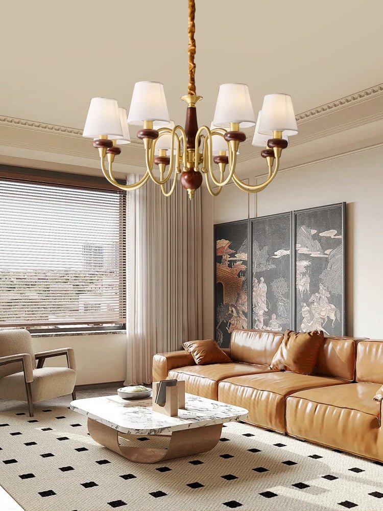 Grandiose Wood & Brass Chandelier with Fabric Shades for Dining Room and Foyer