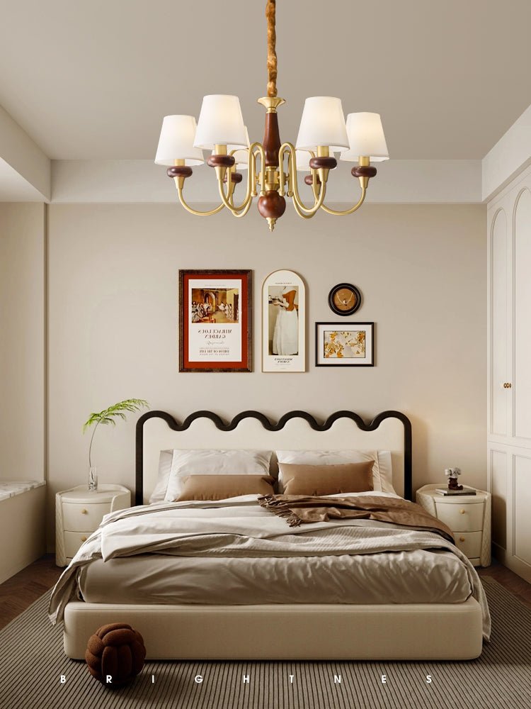 Grandiose Wood & Brass Chandelier with Fabric Shades for Dining Room and Foyer