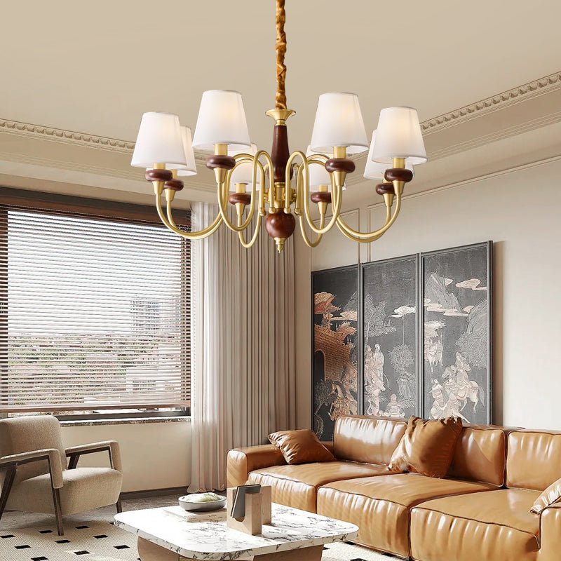 Grandiose Wood & Brass Chandelier with Fabric Shades for Dining Room and Foyer