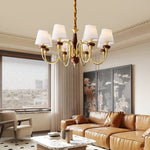 Grandiose Wood & Brass Chandelier with Fabric Shades for Dining Room and Foyer