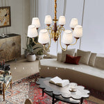 Grandiose Wood & Brass Chandelier with Fabric Shades for Dining Room and Foyer