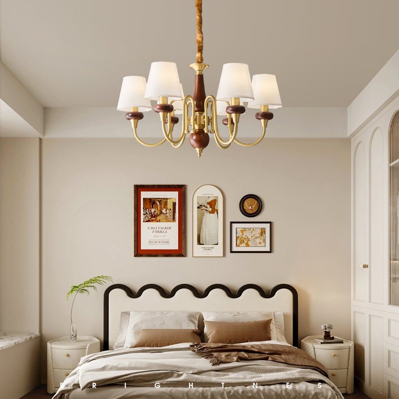 Grandiose Wood & Brass Chandelier with Fabric Shades for Dining Room and Foyer