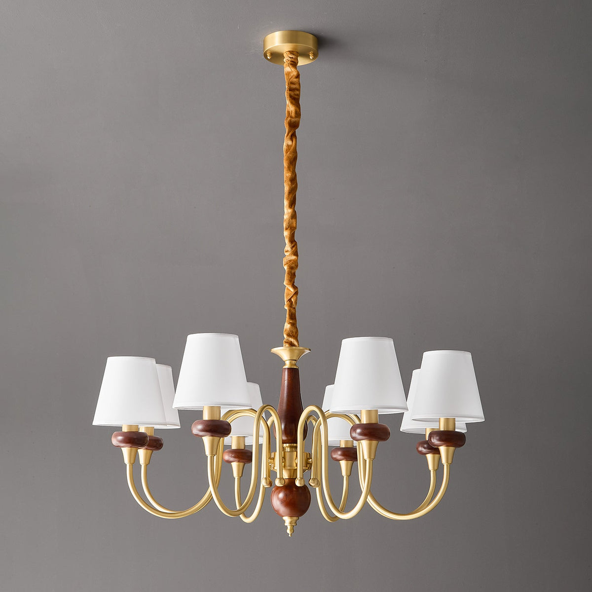 Grandiose Wood & Brass Chandelier with Fabric Shades for Dining Room and Foyer