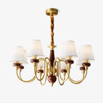 Grandiose Wood & Brass Chandelier with Fabric Shades for Dining Room and Foyer