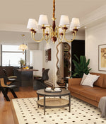Grandiose Wood & Brass Chandelier with Fabric Shades for Dining Room and Foyer