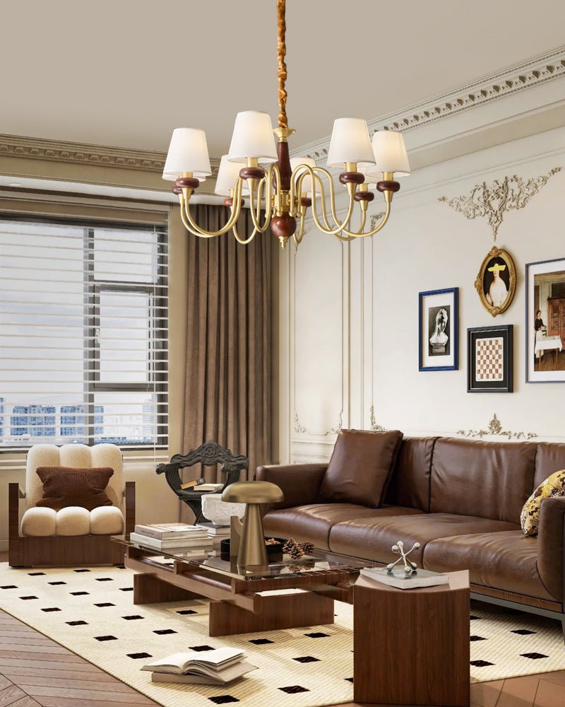 Grandiose Wood & Brass Chandelier with Fabric Shades for Dining Room and Foyer