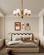 Grandiose Wood & Brass Chandelier with Fabric Shades for Dining Room and Foyer