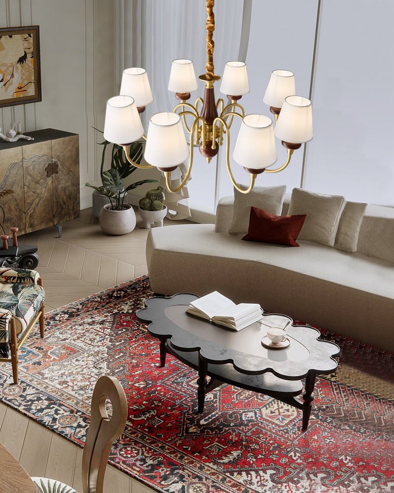 Grandiose Wood & Brass Chandelier with Fabric Shades for Dining Room and Foyer