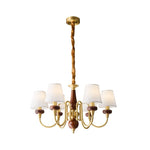 Grandiose Wood & Brass Chandelier with Fabric Shades for Dining Room and Foyer