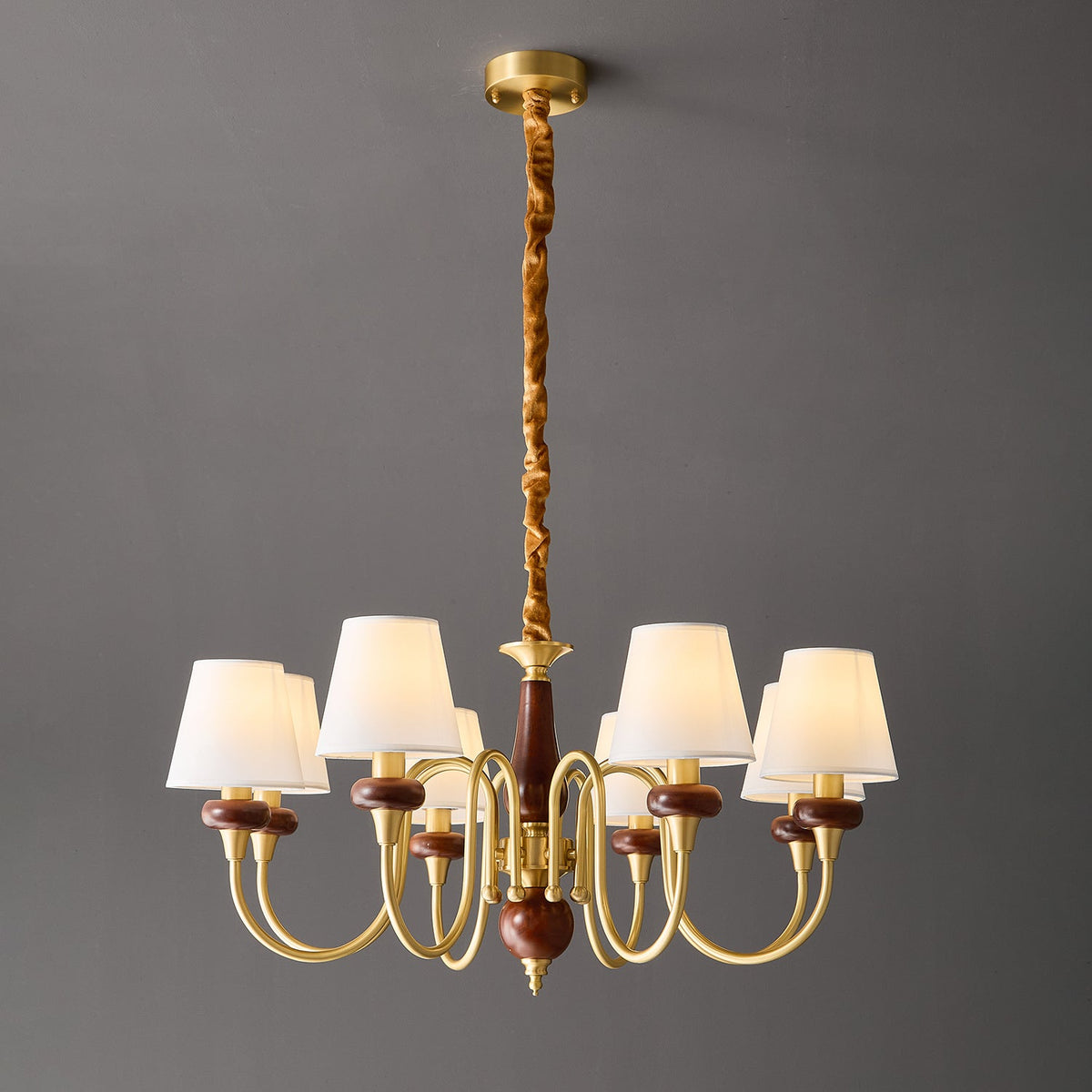 Grandiose Wood & Brass Chandelier with Fabric Shades for Dining Room and Foyer