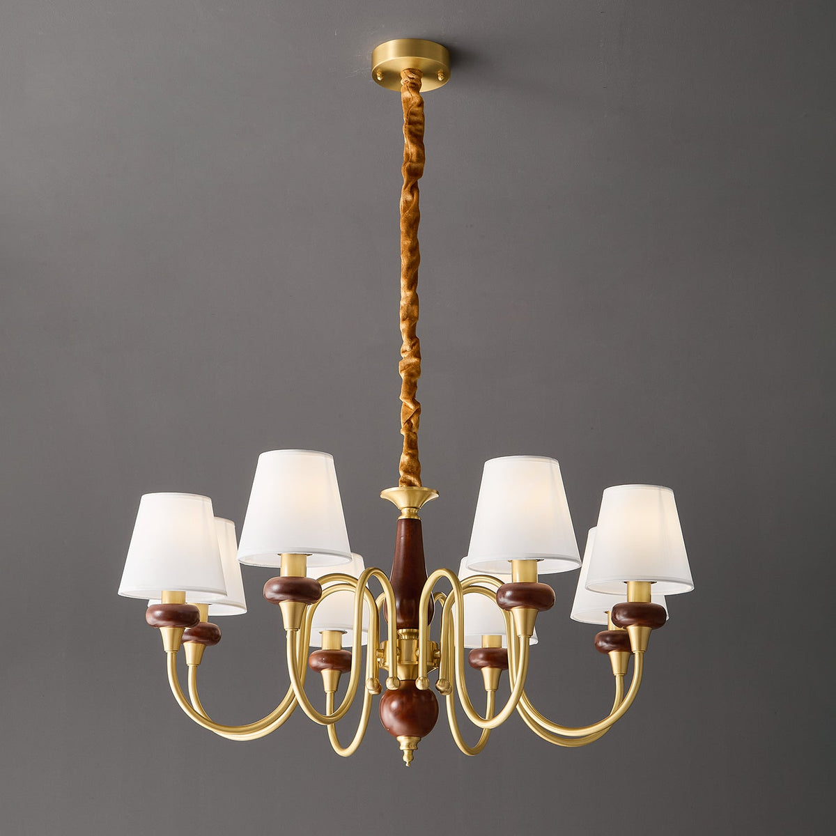 Grandiose Wood & Brass Chandelier with Fabric Shades for Dining Room and Foyer