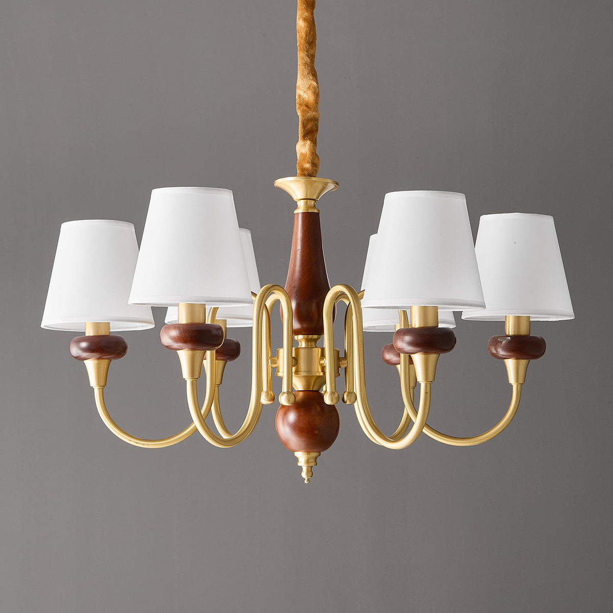 Grandiose Wood & Brass Chandelier with Fabric Shades for Dining Room and Foyer