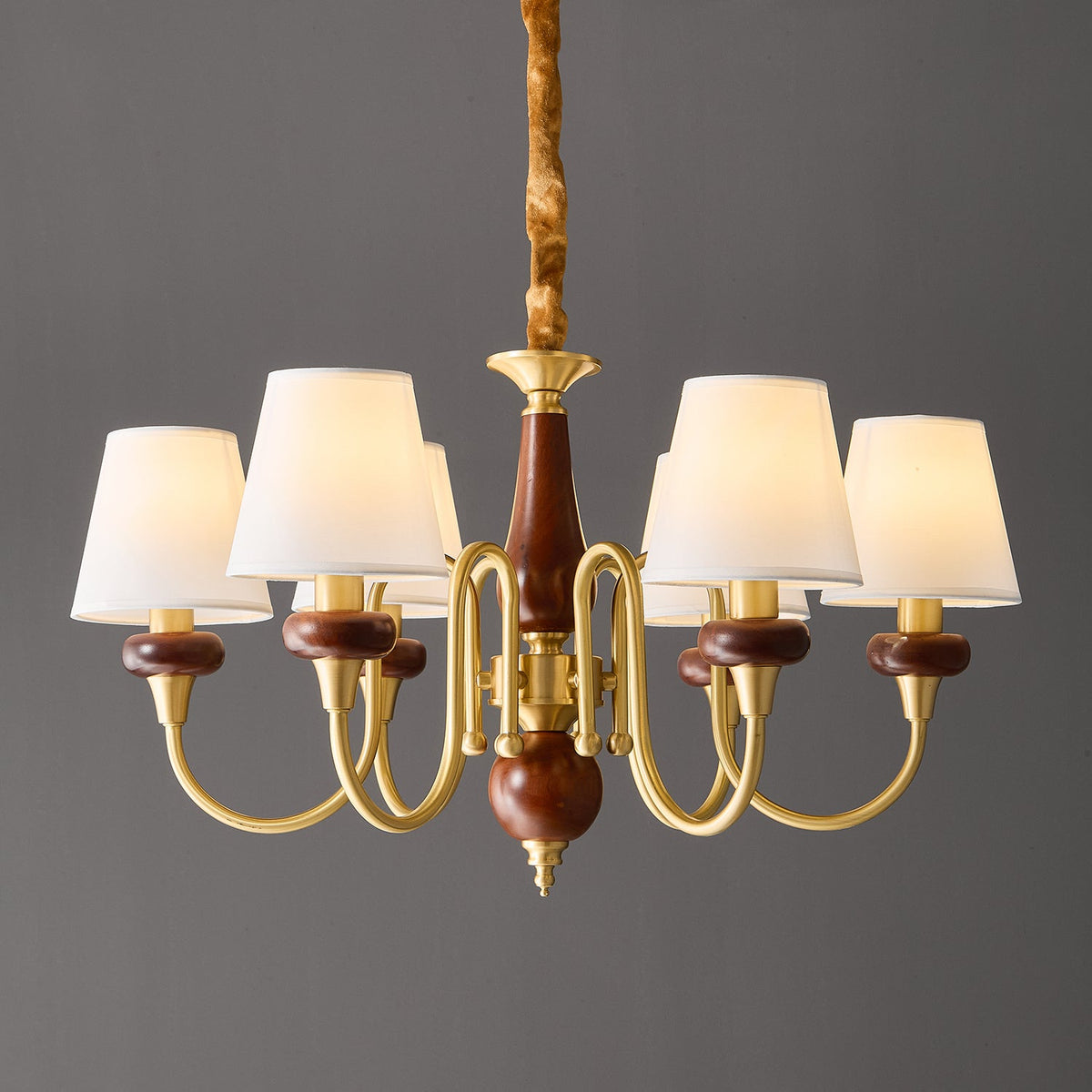 Grandiose Wood & Brass Chandelier with Fabric Shades for Dining Room and Foyer