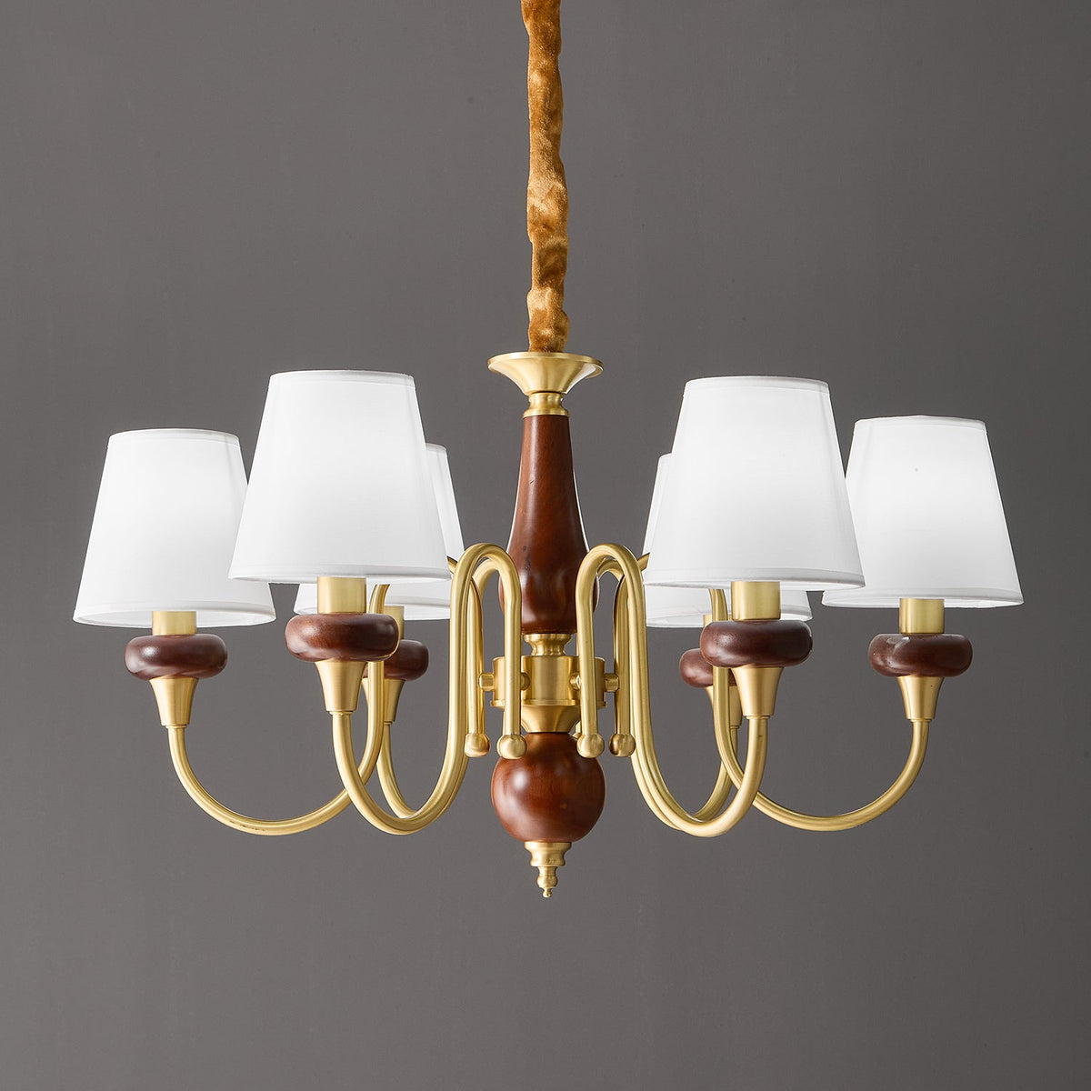 Grandiose Wood & Brass Chandelier with Fabric Shades for Dining Room and Foyer