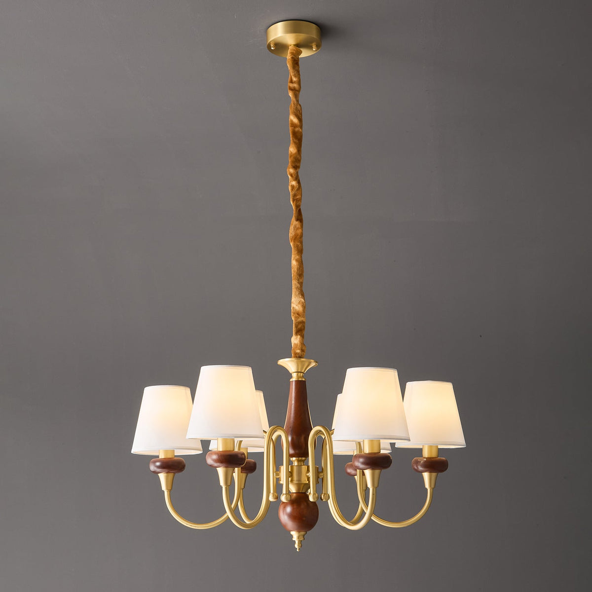 Grandiose Wood & Brass Chandelier with Fabric Shades for Dining Room and Foyer