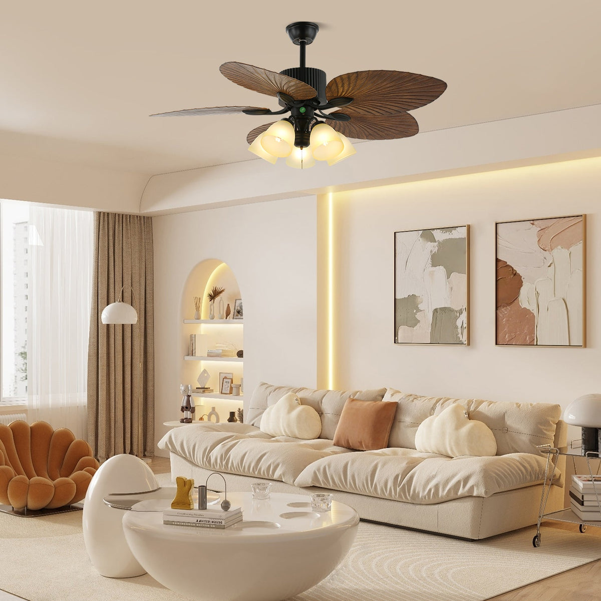 Banana Leaf Wood Ceiling Fan with Integrated LED Light for Tropical Interiors