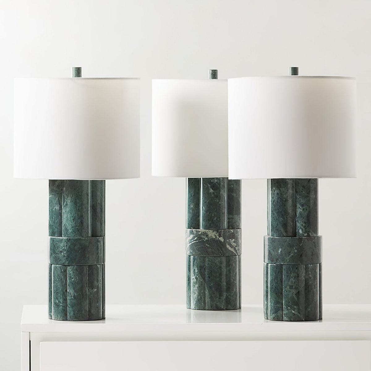 Green Marble Table Lamp with White Drum Shade for Modern Interiors