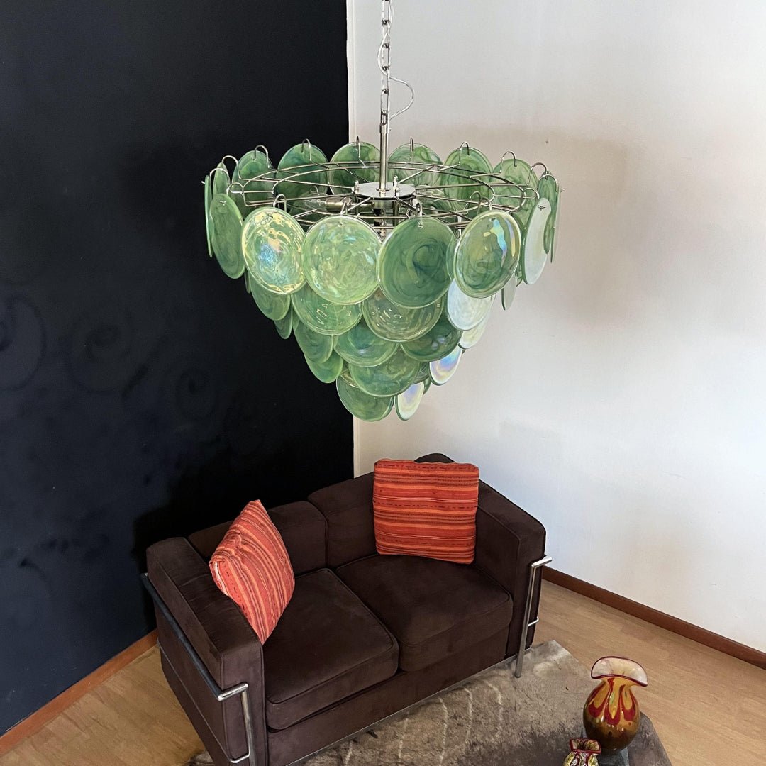 Green Glass Disc Chandelier – Modern Art Glass Pendant for Dining Room and Living Room