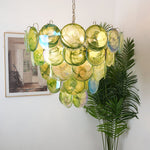Green Glass Disc Chandelier – Modern Art Glass Pendant for Dining Room and Living Room