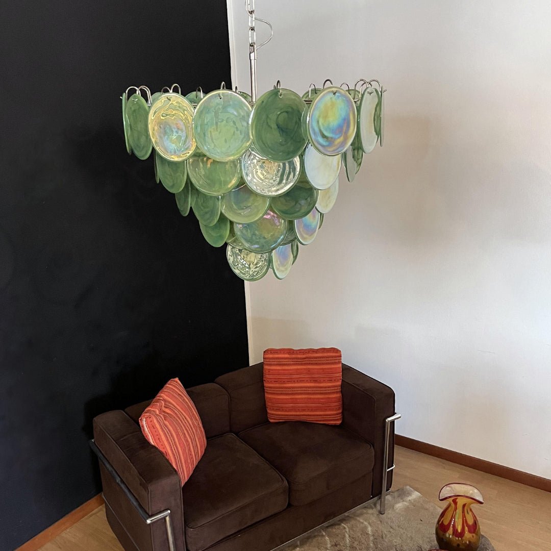 Green Glass Disc Chandelier – Modern Art Glass Pendant for Dining Room and Living Room