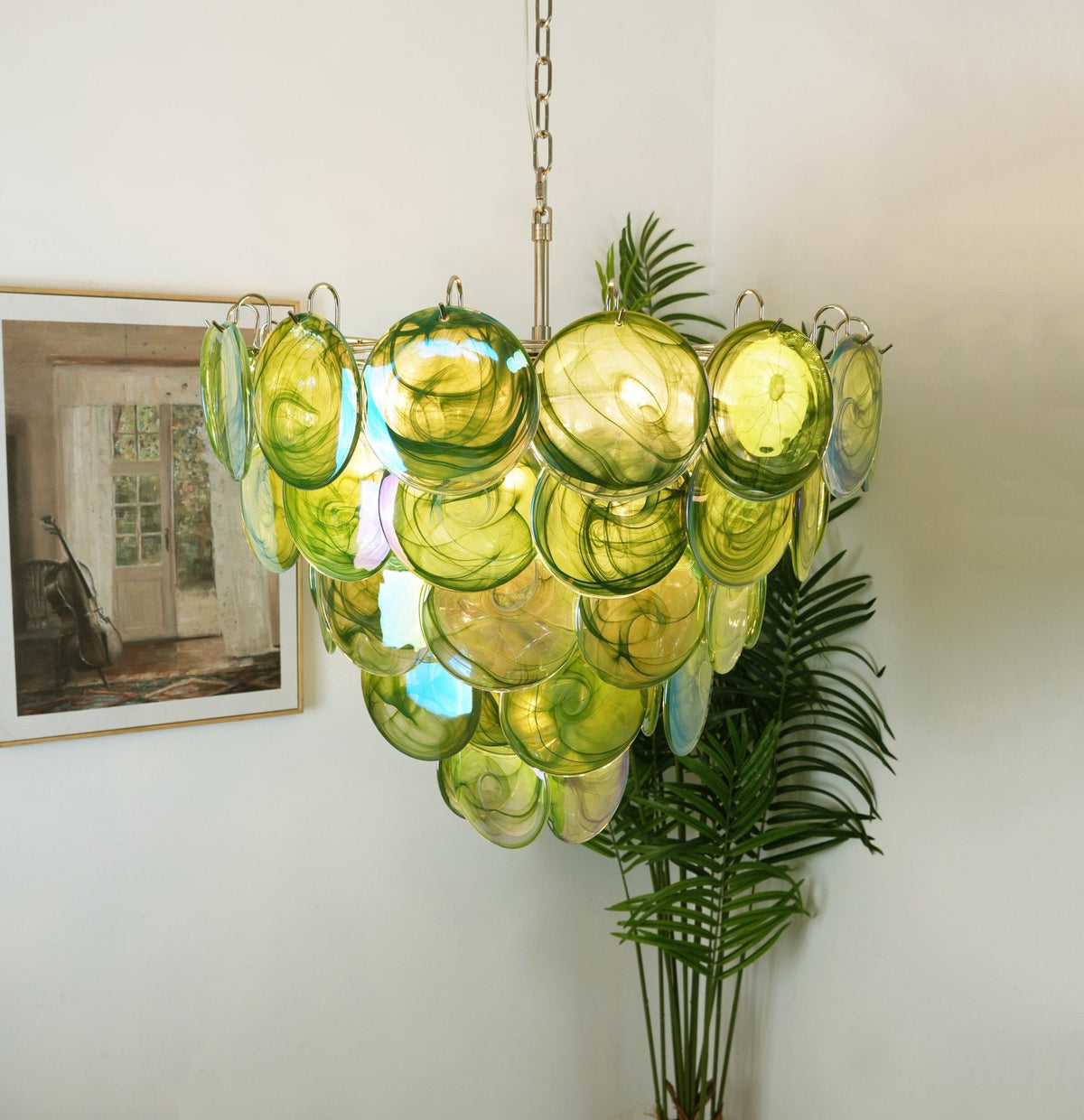 Green Glass Disc Chandelier – Modern Art Glass Pendant for Dining Room and Living Room