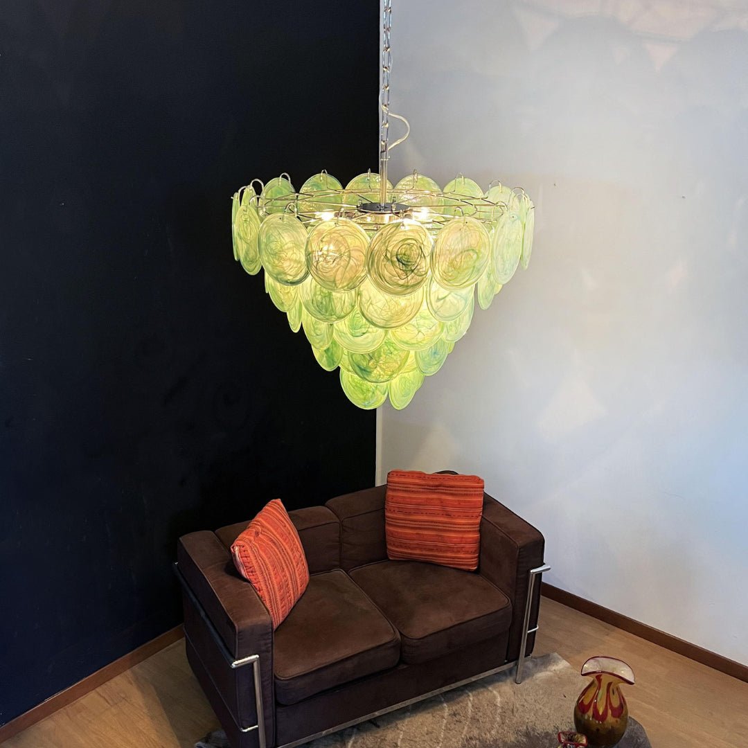 Green Glass Disc Chandelier – Modern Art Glass Pendant for Dining Room and Living Room
