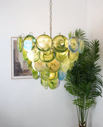 Green Glass Disc Chandelier – Modern Art Glass Pendant for Dining Room and Living Room