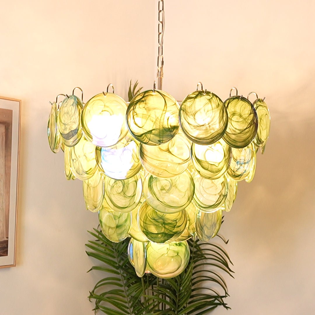 Green Glass Disc Chandelier – Modern Art Glass Pendant for Dining Room and Living Room