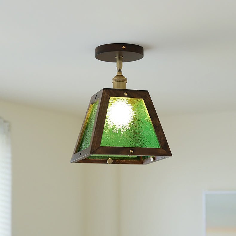 Verdant Art Glass Ceiling Pendant with Walnut Accents