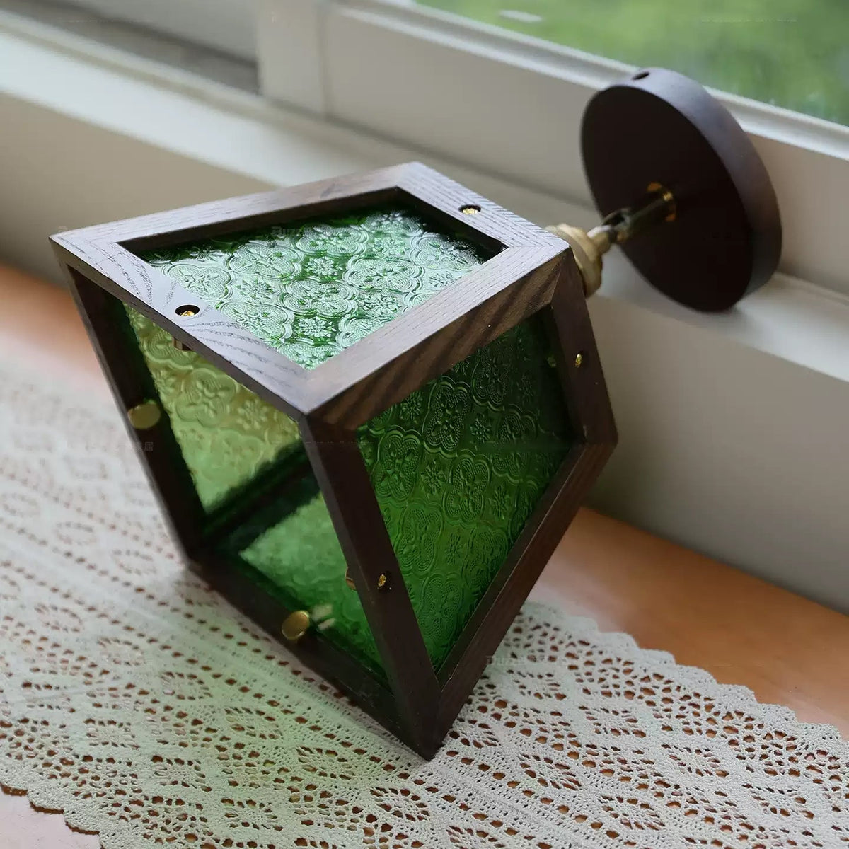 Verdant Art Glass Ceiling Pendant with Walnut Accents